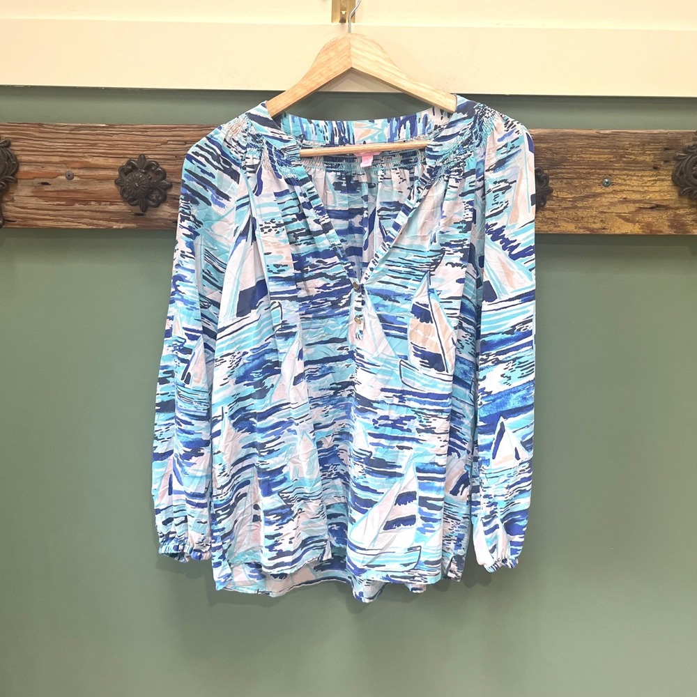 Lilly Pulitzer Elsa Silk Blouse Smooth Sailing Nautical Sailboat Blue Large